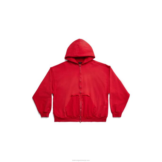 moški pulover s kapuco z raztrganimi žepi in zadrgo, velikega kroja Balenciaga rdeča N4DP923