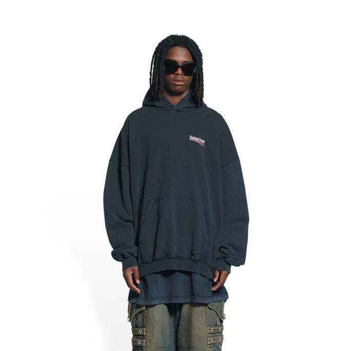 moški pulover s kapuco za politično kampanjo velikega kroja Balenciaga Črna N4DP1005