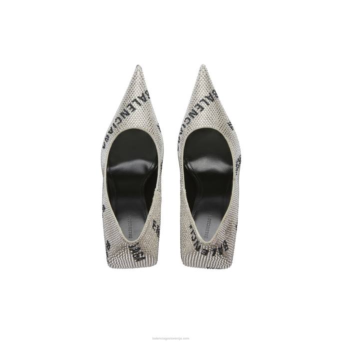 ženski kvadratni nož 110 mm natikač z okrasnimi kamenčki z logotipom Balenciaga srebro N4DP149