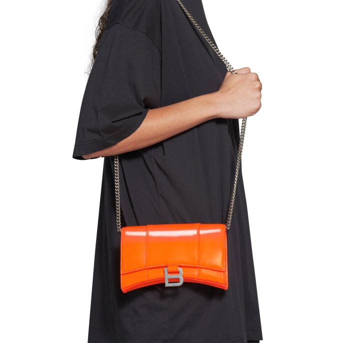 ženska denarnica s peščeno uro na verižici v škatli Balenciaga fluo oranžna N4DP597