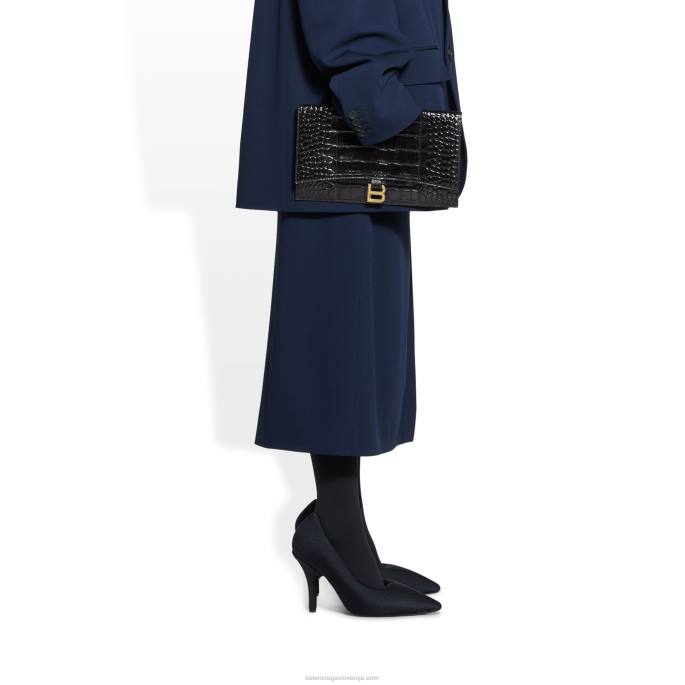 ženska ploščata torbica v obliki peščene ure z zavihkom, vtisnjenim v obliki krokodila Balenciaga Črna N4DP621