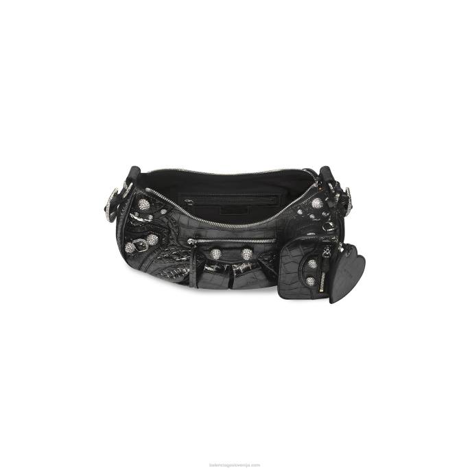 ženska le cagole majhna torbica za čez ramo metaliziran krokodil z vtisnjenimi kamenčki Balenciaga siva N4DP510