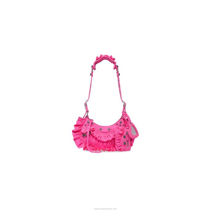ženska torba za čez ramo le cagole xs z naborki Balenciaga kislinsko roza N4DP375