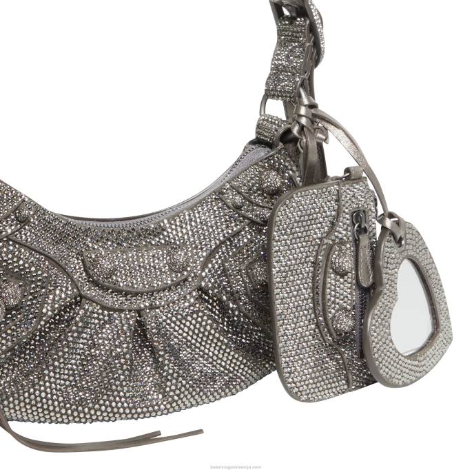 ženska torba za čez ramo le cagole xs z okrasnimi kamenčki Balenciaga siva N4DP463