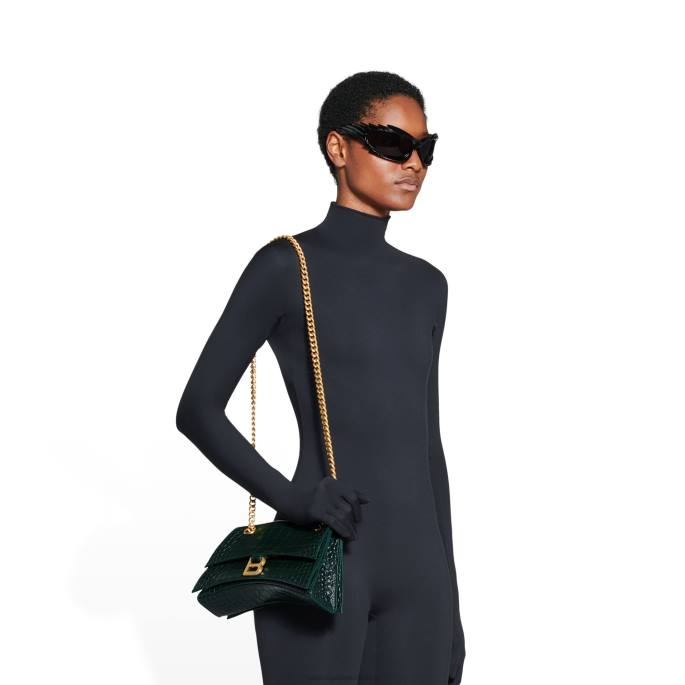 ženske crush majhna verižična torbica z vtisnjenim krokodilom Balenciaga gozdno zelena N4DP327