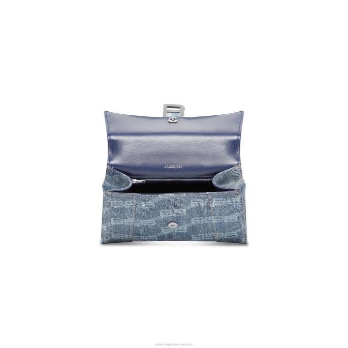ženska majhna ročna torbica s peščeno uro bb monogram iz beljenega jeansa Balenciaga modra N4DP471