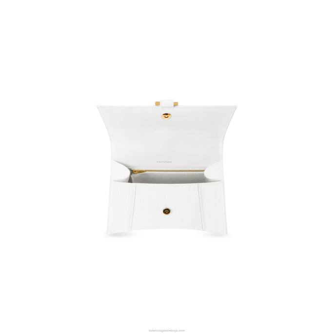 ženska majhna ročna torbica v obliki peščene ure z reliefom krokodila Balenciaga bela N4DP356